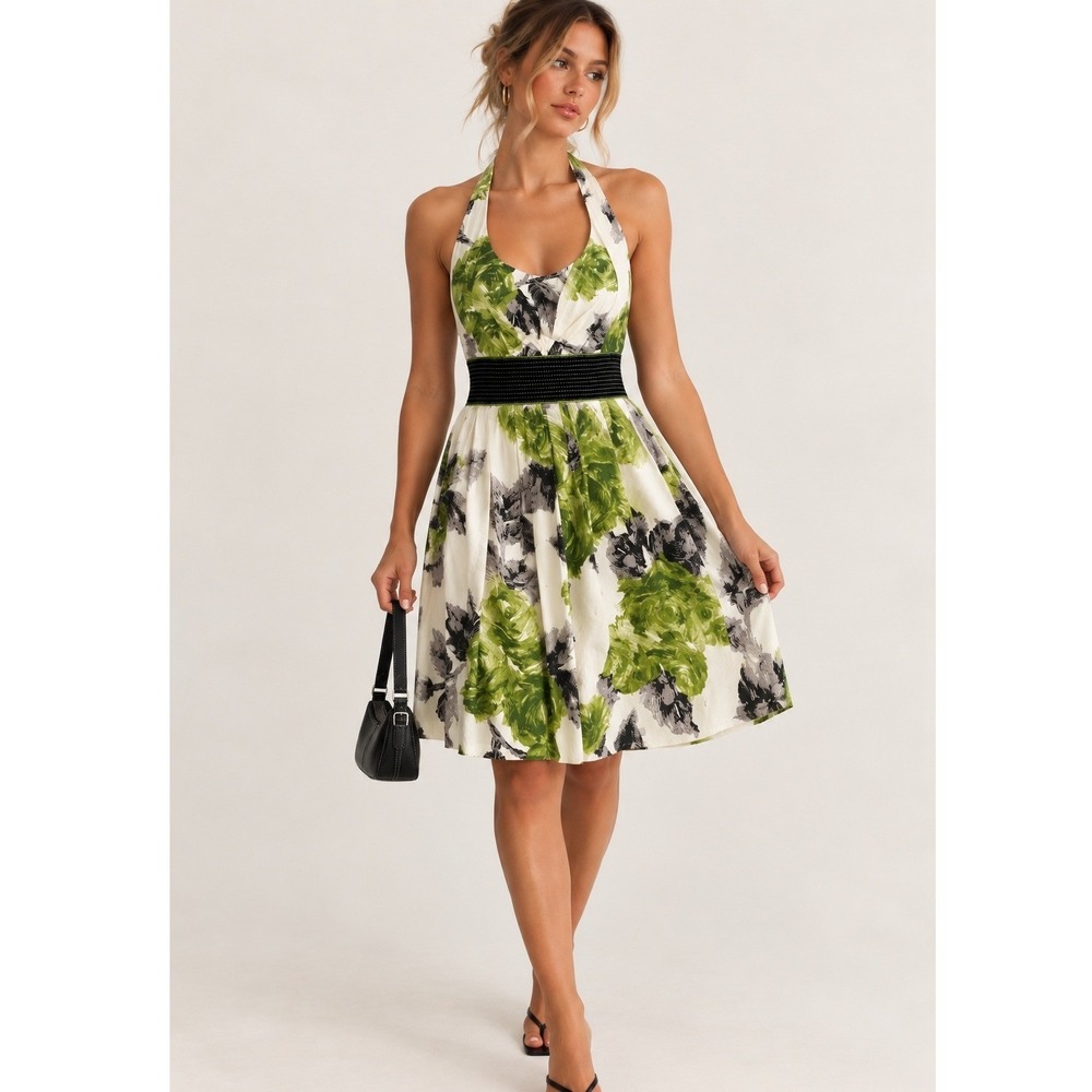 Corey P Halter Dress Womens 8 Green Floral Empire Waist Y2K Fit & Flare SunDress